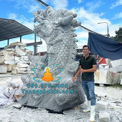 Bán Tượng Cá Chép Hóa Rồng Bằng Đá Xám Khủng Cao 3m