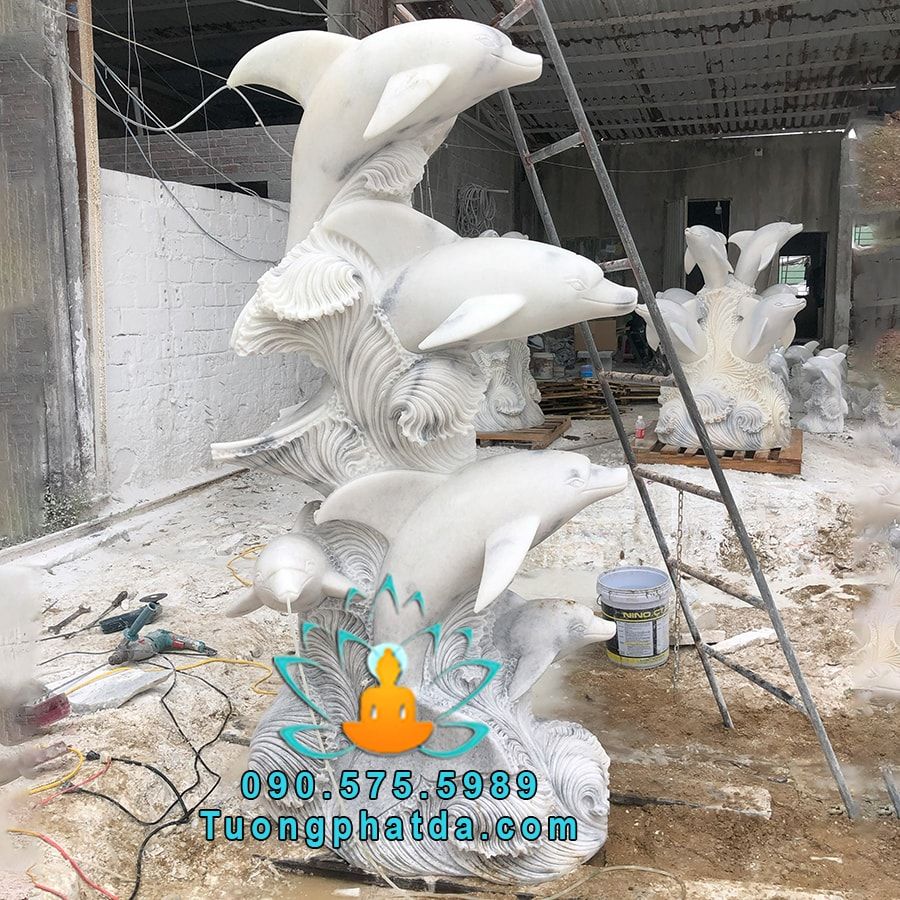 Tượng Cá Heo Phun Nước Đá Cẩm Thạch Trắng Đẹp