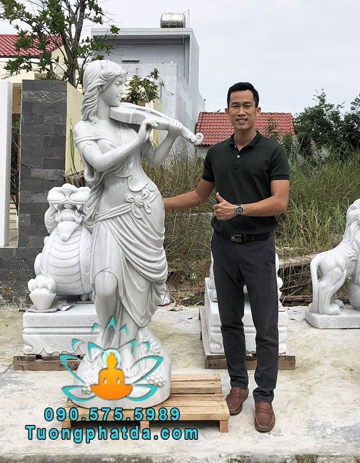Điêu Khắc Tượng Cô Gái Đánh Đàn Violin Bằng Đá Trắng Đẹp