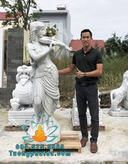 Điêu Khắc Tượng Cô Gái Đánh Đàn Violin Bằng Đá Trắng Đẹp