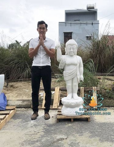 Tượng Phật Đản Sanh Bằng Đá Cẩm Thạch Trắng Cao 1.3m