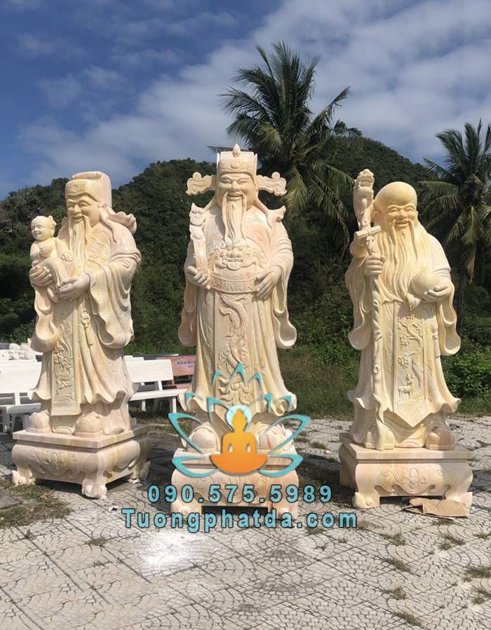 Tượng Phúc Lộc Thọ Đá Cẩm Thạch Vàng Tự Nhiên Nguyên Khối