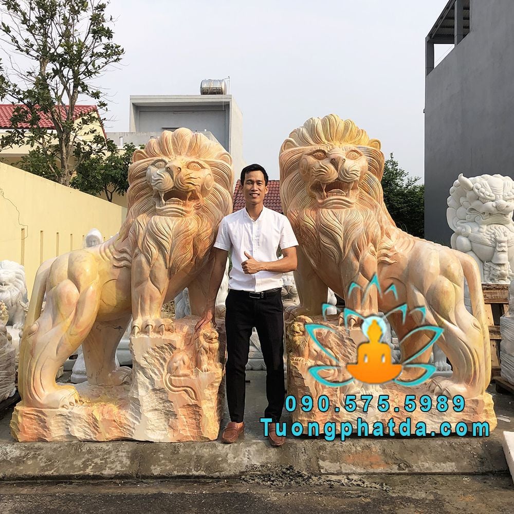 Bán Tượng Sư Tử Đá Cẩm Thạch Vàng Carốt Cao 2m
