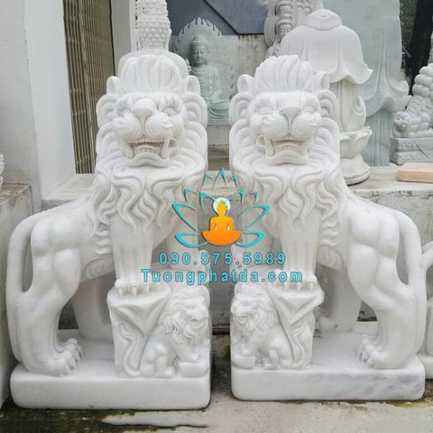 Tượng Sư Tử Đá Trắng Tự Nhiên Nguyên Khối