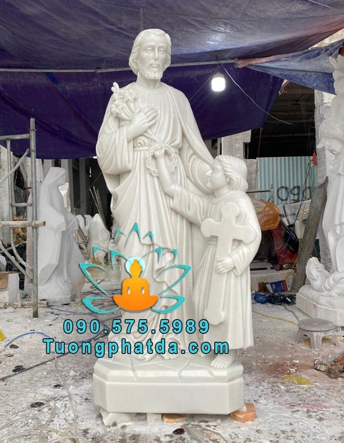 Tượng Thánh Giuse Dắt Chúa Giesu Bằng Đá Trắng Đẹp