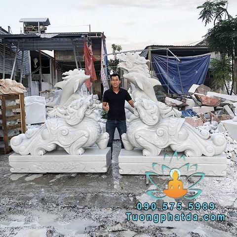Chế Tác Tượng Tỳ Hưu Đá Trắng Phong Thủy Dài 1.7m