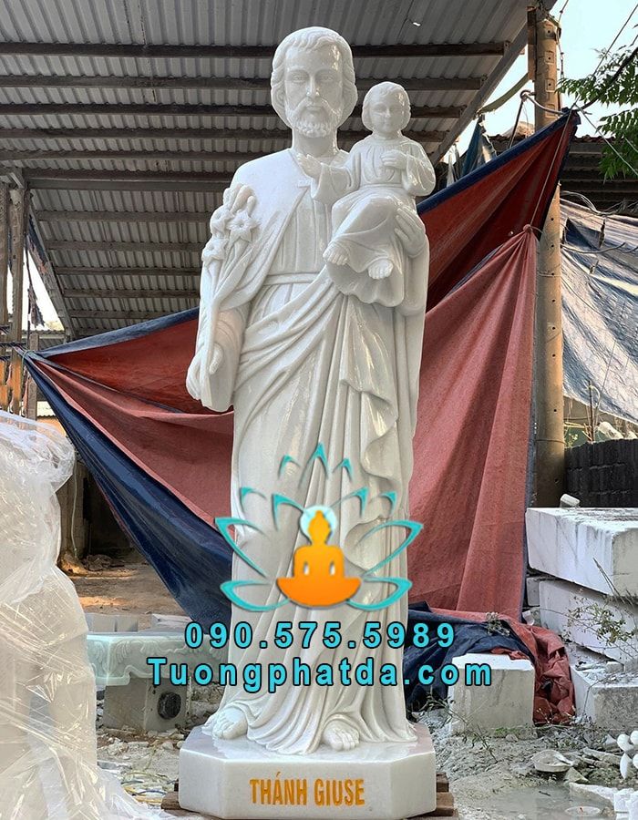 Tượng Thánh Giuse Bồng Chúa Đá Trắng Nguyên Khối Đẹp Tại Bình Dương