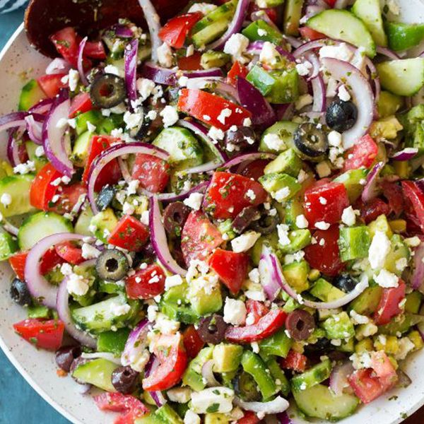 Cucumber, tomato, red onion, Kalamata olive and feta cheese salad, lem