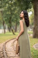 VÁY GILE CỔ V DÁNG DÀI - RÊU