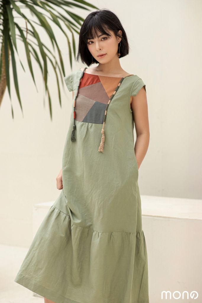 Váy linen GORY nhún gấu - Rêu