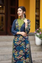 Áo dài linen phối cổ V - Navy