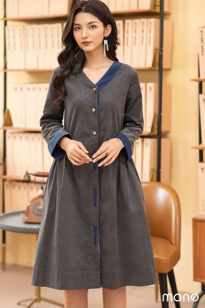 Váy nhung cổ tìm nhún eo - Ghi