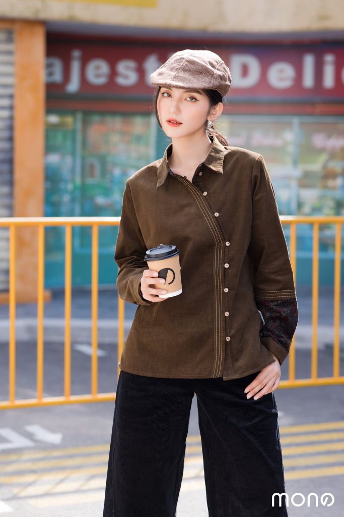 Áo sơ mi nhung vạt chéo - Rêu