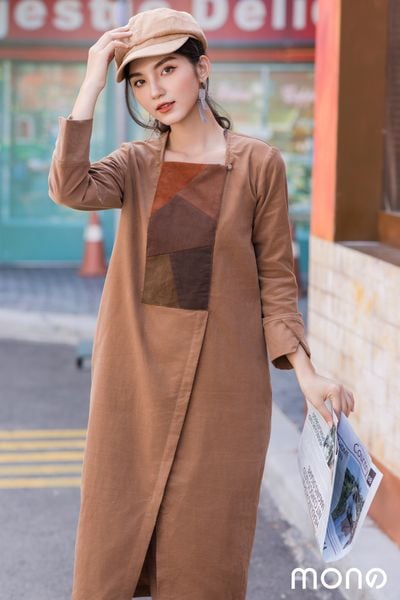 Váy nhung cổ vuông lật can chắp - Be