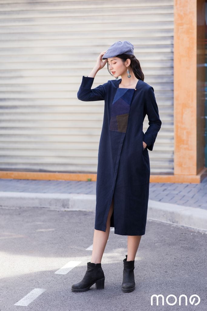 Váy nhung cổ vuông lật can chắp