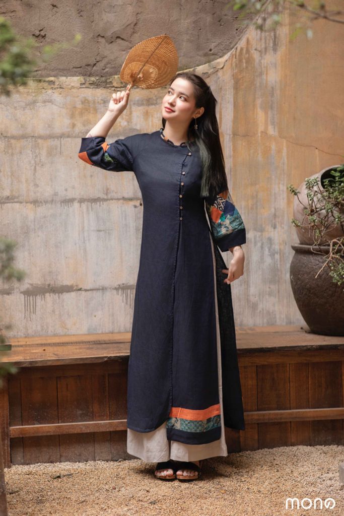 Áo dài linen tay bồng can chắp - Navy