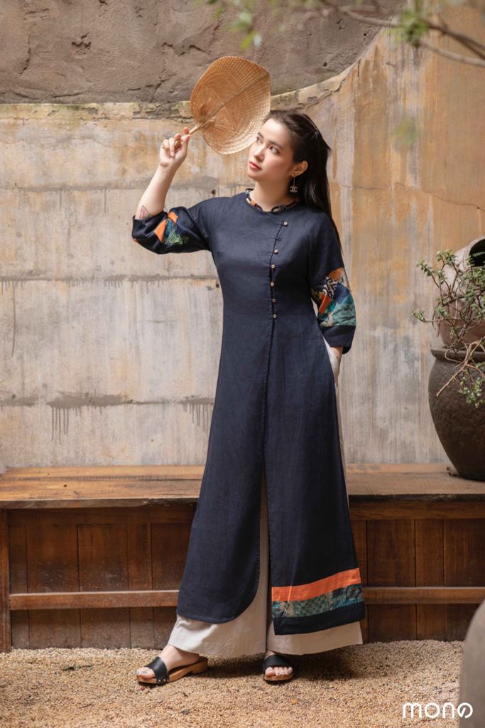 Áo dài linen tay bồng can chắp - Navy