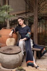 Áo dài linen tay bồng can chắp - Navy