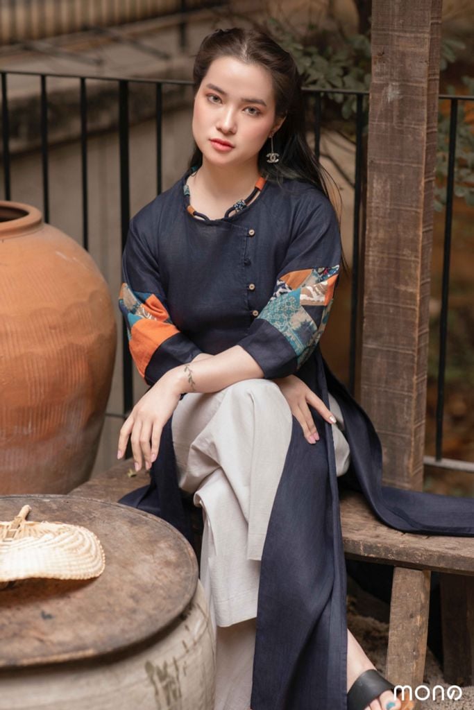 Áo dài linen tay bồng can chắp - Navy