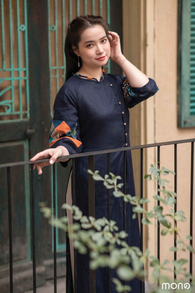 Áo dài linen tay bồng can chắp - Navy