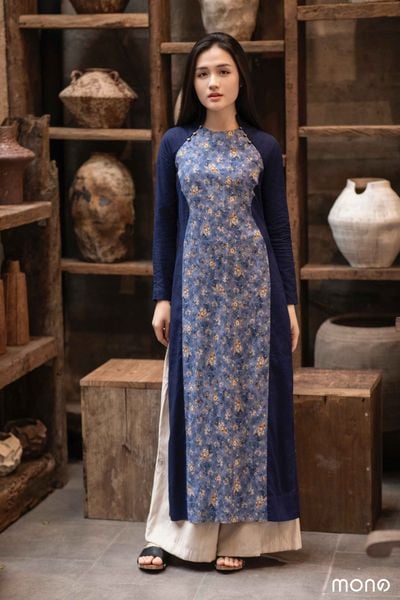 Áo dài linen Queenla - Navy