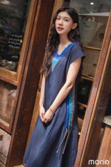 Váy midi cổ V kẻ sọc - Linen