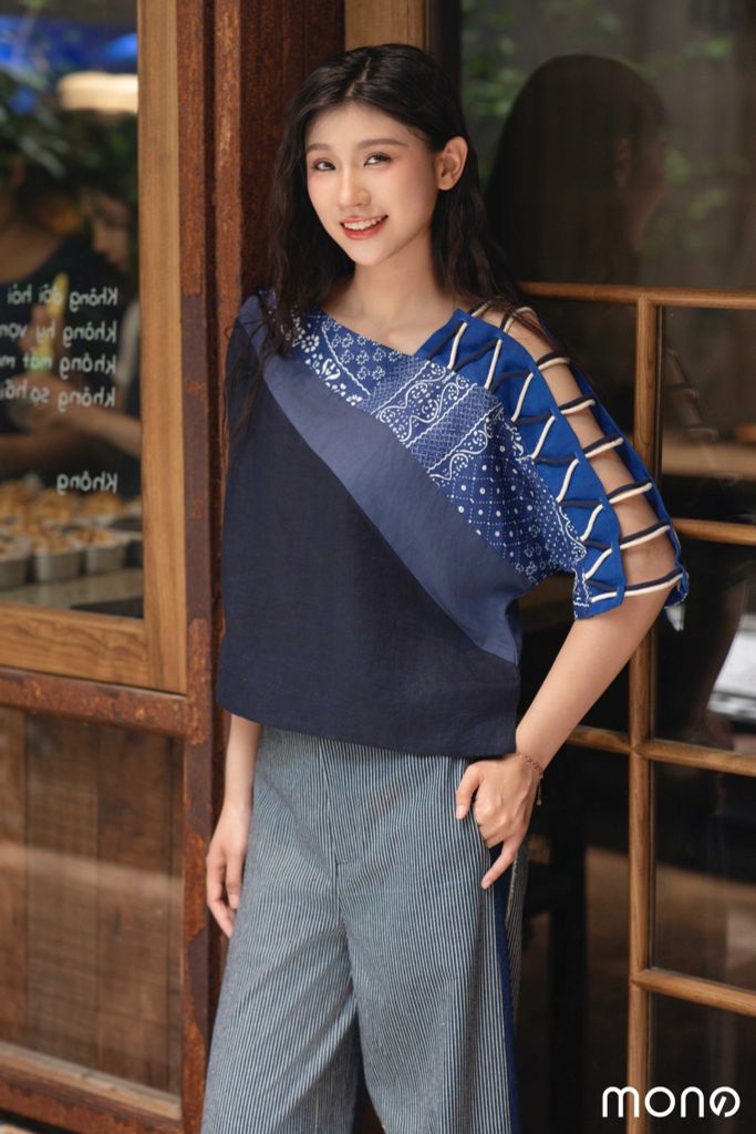 Áo kiểu nữ đan chéo vai - Navy