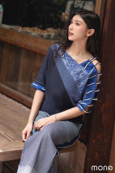 Áo kiểu nữ đan chéo vai - Navy