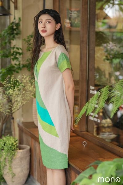Váy linen cộc tay can chéo - Xanh lá