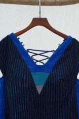 Váy midi cổ V kẻ sọc - Linen