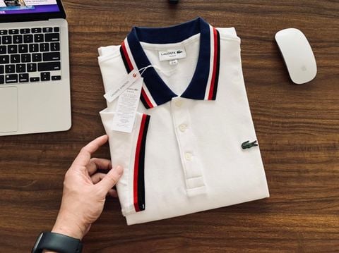 Polo Lacoste viền kẻ đỏ xanh trắng - Trắng