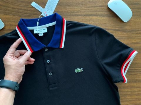 Polo Lacoste viền kẻ đỏ xanh trắng