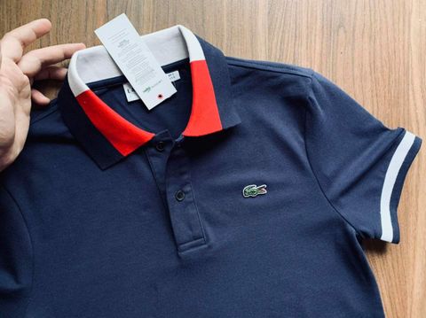 Polo LACOSTE trơn kẻ cổ