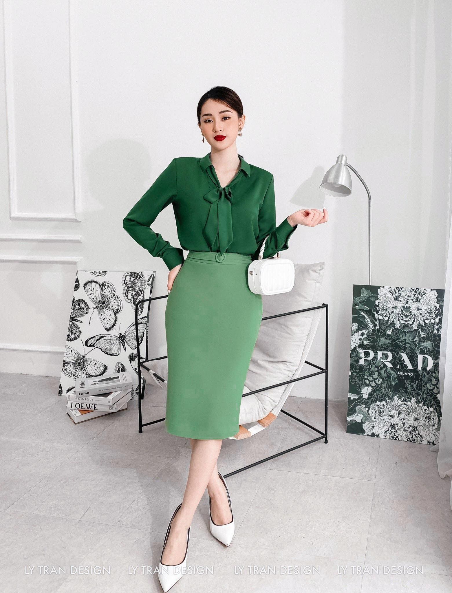 Chân váy dài đính ngọc trai xanh rêu Hàn Quốc  0603022204