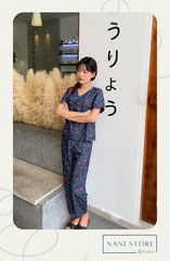 Đồ bộ dài có tay thiết kế cổ V nút dọc hoa sam