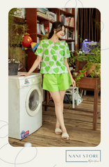 Đồ bộ đùi thiết kế có tay đan dây xanh lá