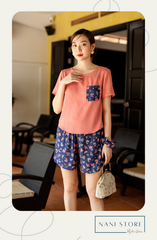 Đồ bộ đùi áo lụa hồng phối túi hoa mùa xuân