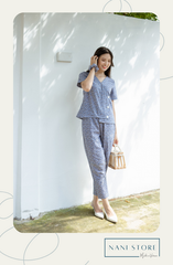 Đồ bộ dài thiết kế có tay 3 nút lệch tà xám