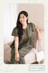 Đồ bộ dài có tay baby doll linen xanh rêu