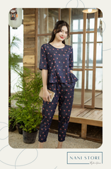 Đồ bộ dài thiết kế nhún bèo tay lỡ hoa đỏ