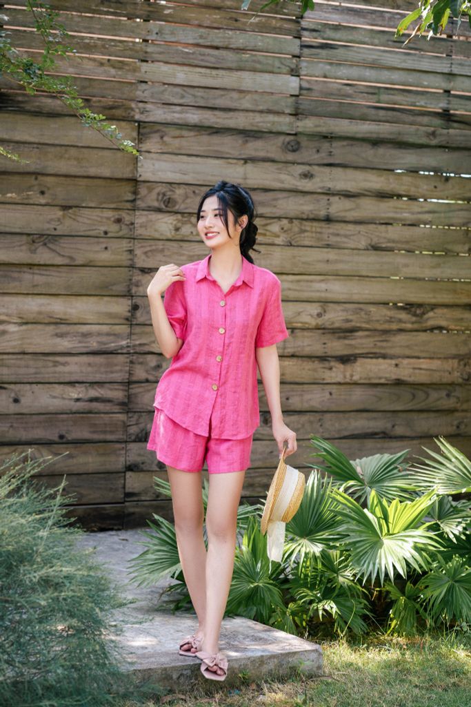 Đồ bộ đùi có tay sơ mi sọc hồng