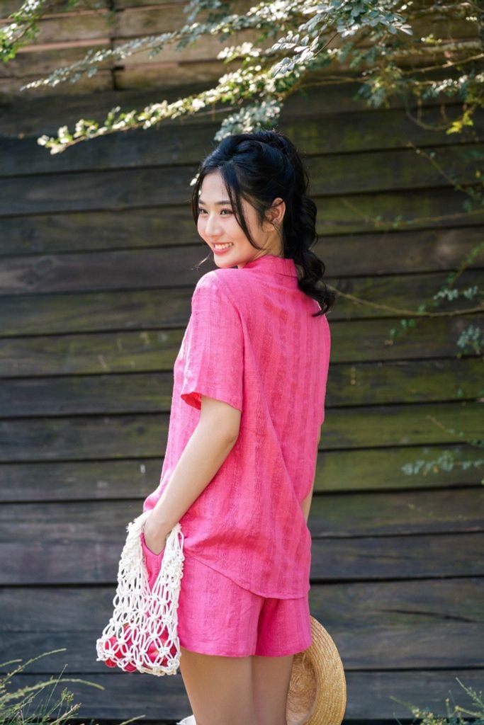 Đồ bộ đùi có tay sơ mi sọc hồng