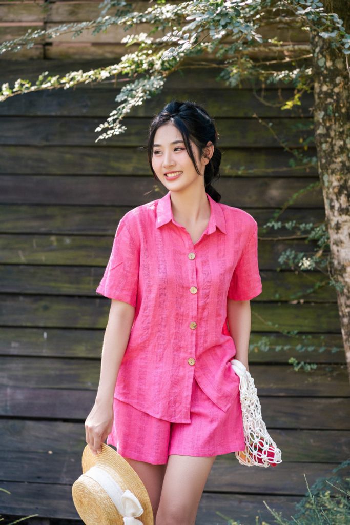 Đồ bộ đùi có tay sơ mi sọc hồng