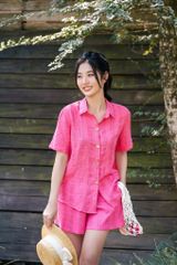 Đồ bộ đùi có tay sơ mi sọc hồng