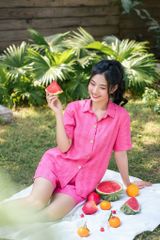 Đồ bộ đùi có tay sơ mi sọc hồng