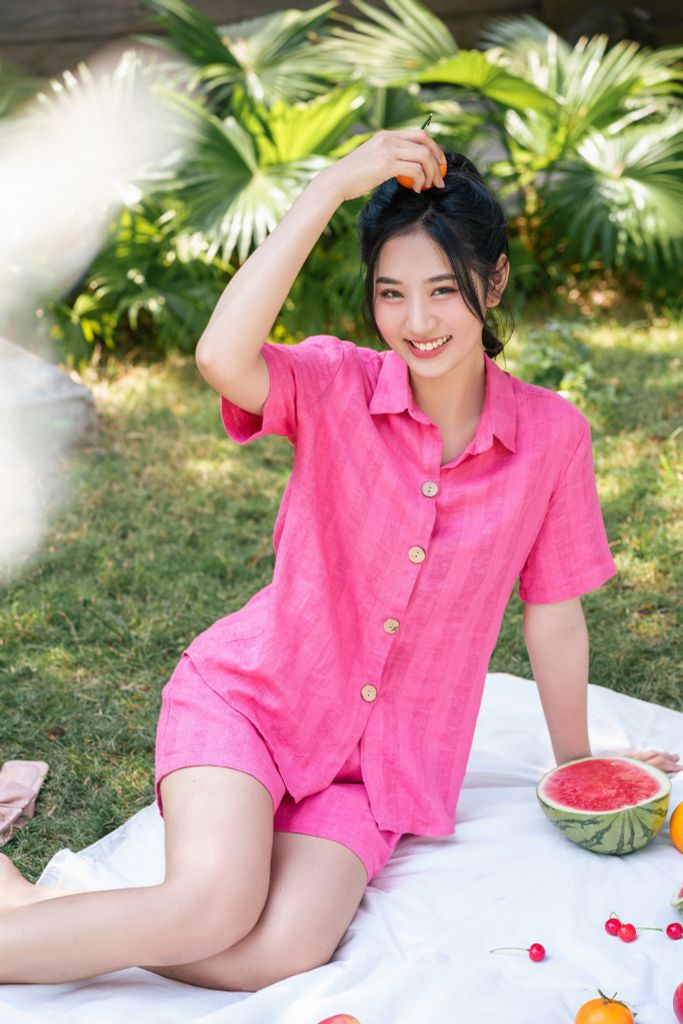 Đồ bộ đùi có tay sơ mi sọc hồng