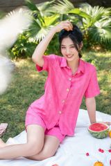 Đồ bộ đùi có tay sơ mi sọc hồng