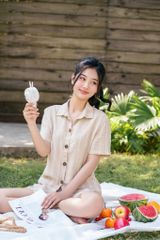 Đồ bộ đùi có tay sơ mi sọc kem