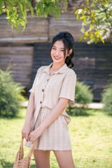 Đồ bộ đùi có tay sơ mi sọc kem