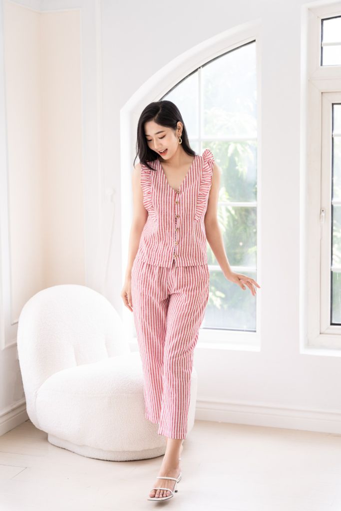 Đồ bộ dài không tay nút gỗ linen sọc đỏ